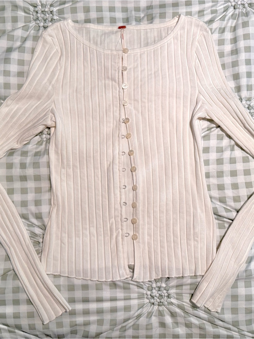 Free People Ivory Ribbed Button-Up Long Sleeve Top